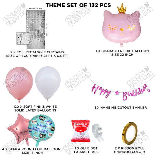 Cartoon Crown Pink Kitten Cat Foil Balloon Set With Happy Birthday Cursive Card Banner Arch Theme