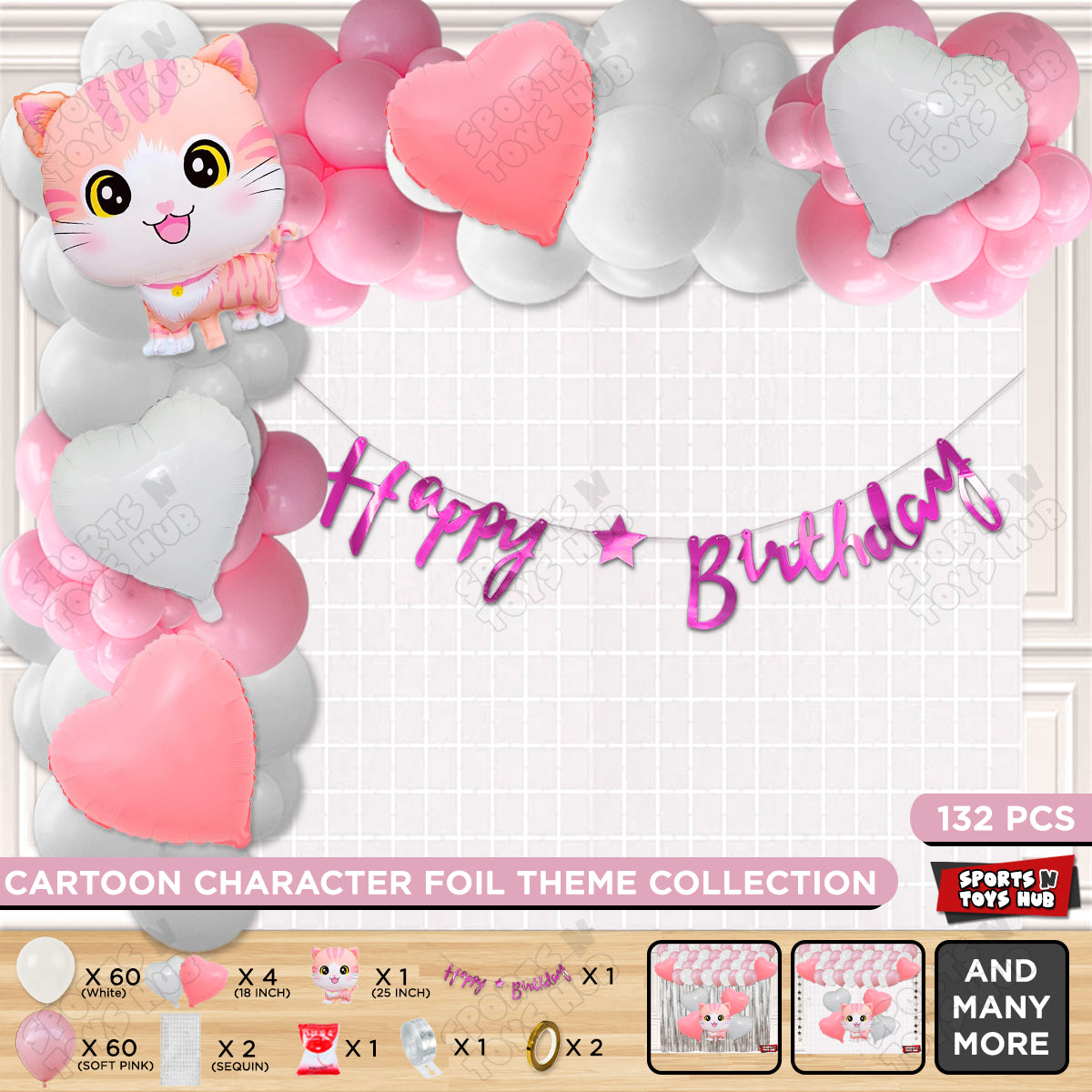 Cartoon Cat Foil Balloon Set With Card Banner Arch Theme