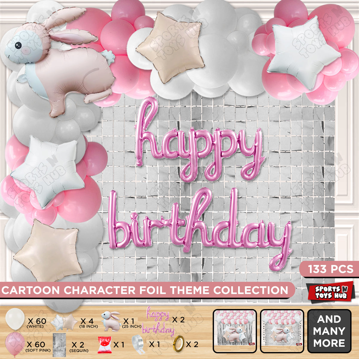 4D Standing Bunny Rabbit Character Foil Balloon With Happy Birthday Foil Letter Arch Theme