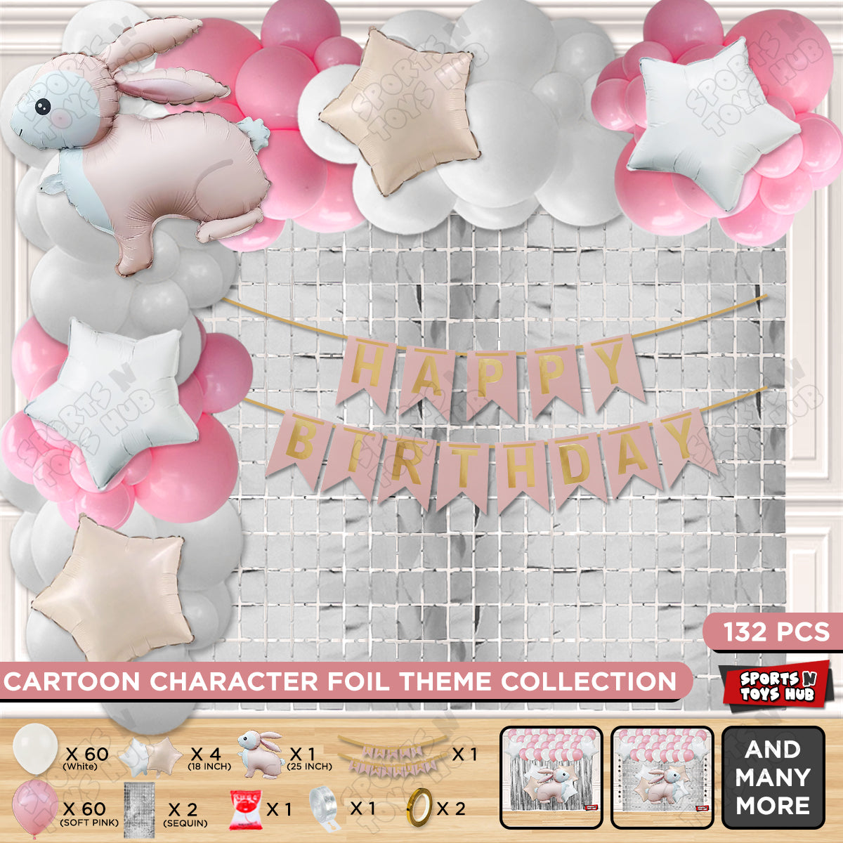 4D Standing Bunny Rabbit Character Foil Balloon With Happy Birthday Card Banner Arch Theme