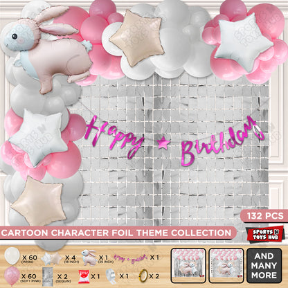 4D Standing Bunny Rabbit Character Foil Balloon With Happy Birthday Card Banner Arch Theme