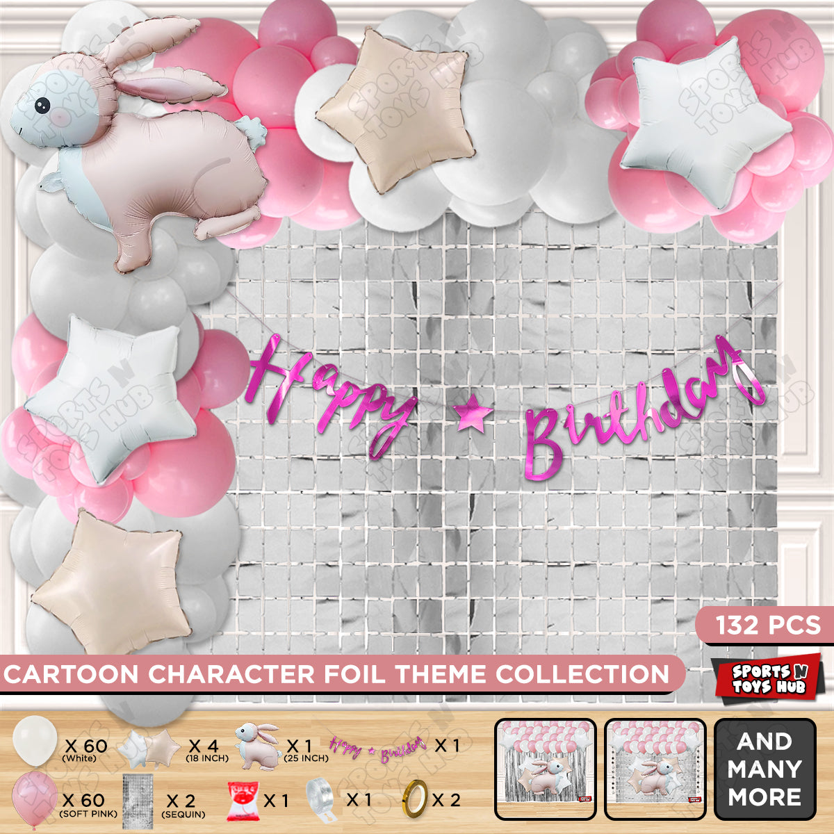 4D Standing Bunny Rabbit Character Foil Balloon With Happy Birthday Card Banner Arch Theme