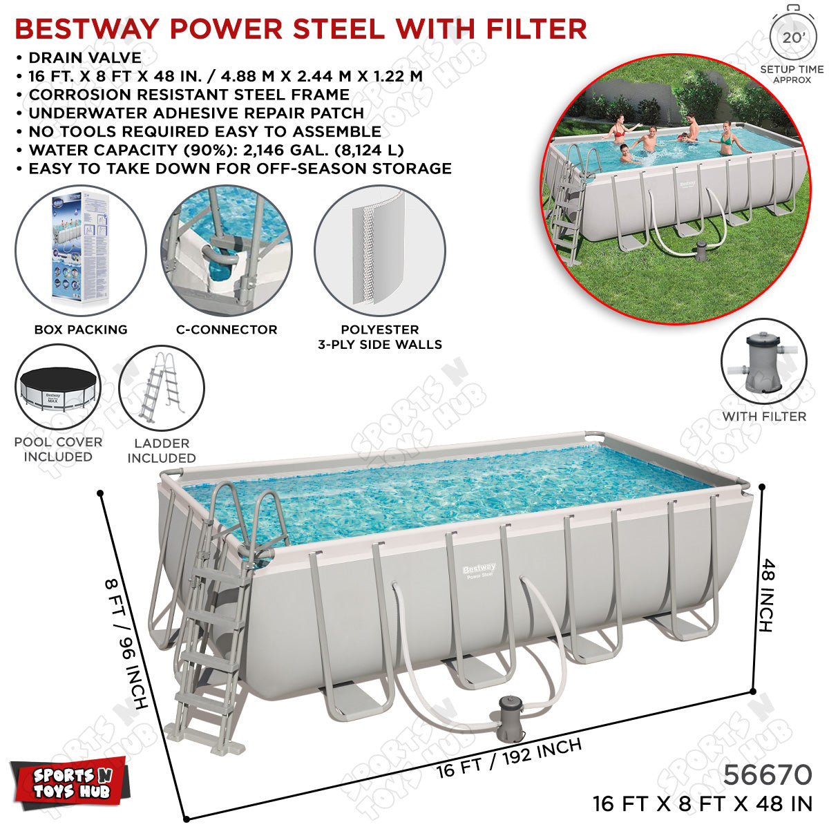 Bestway 2440 mm x 1220 mm x 4880 mm Power Steel Rectangular Pool - 56670