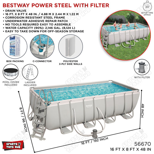 Bestway 2440 mm x 1220 mm x 4880 mm Power Steel Rectangular Pool - 56670