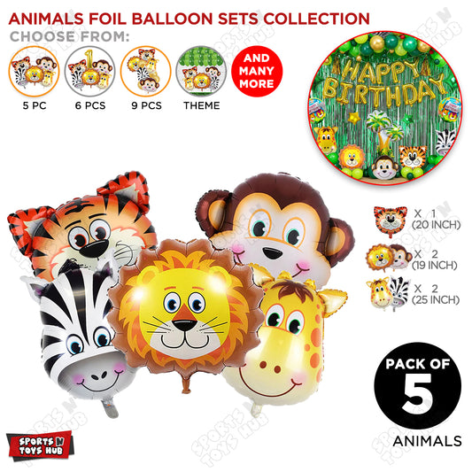 Jungle Safari Animal Character Pack Of 5 Foil Balloon Set