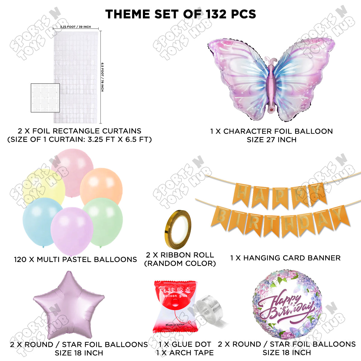 Butterfly Foil Balloon Set With Happy Birthday Card Banner Arch Theme - Pack Of 132