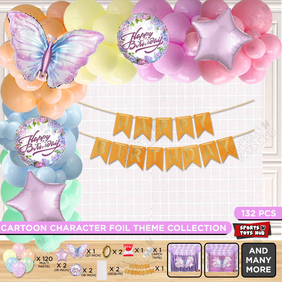 Butterfly Foil Balloon Set With Happy Birthday Card Banner Arch Theme - Pack Of 132
