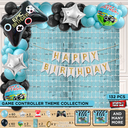 Game Controller Foil Balloon Set With HBD Card Banner Arch Theme - Blue & Black