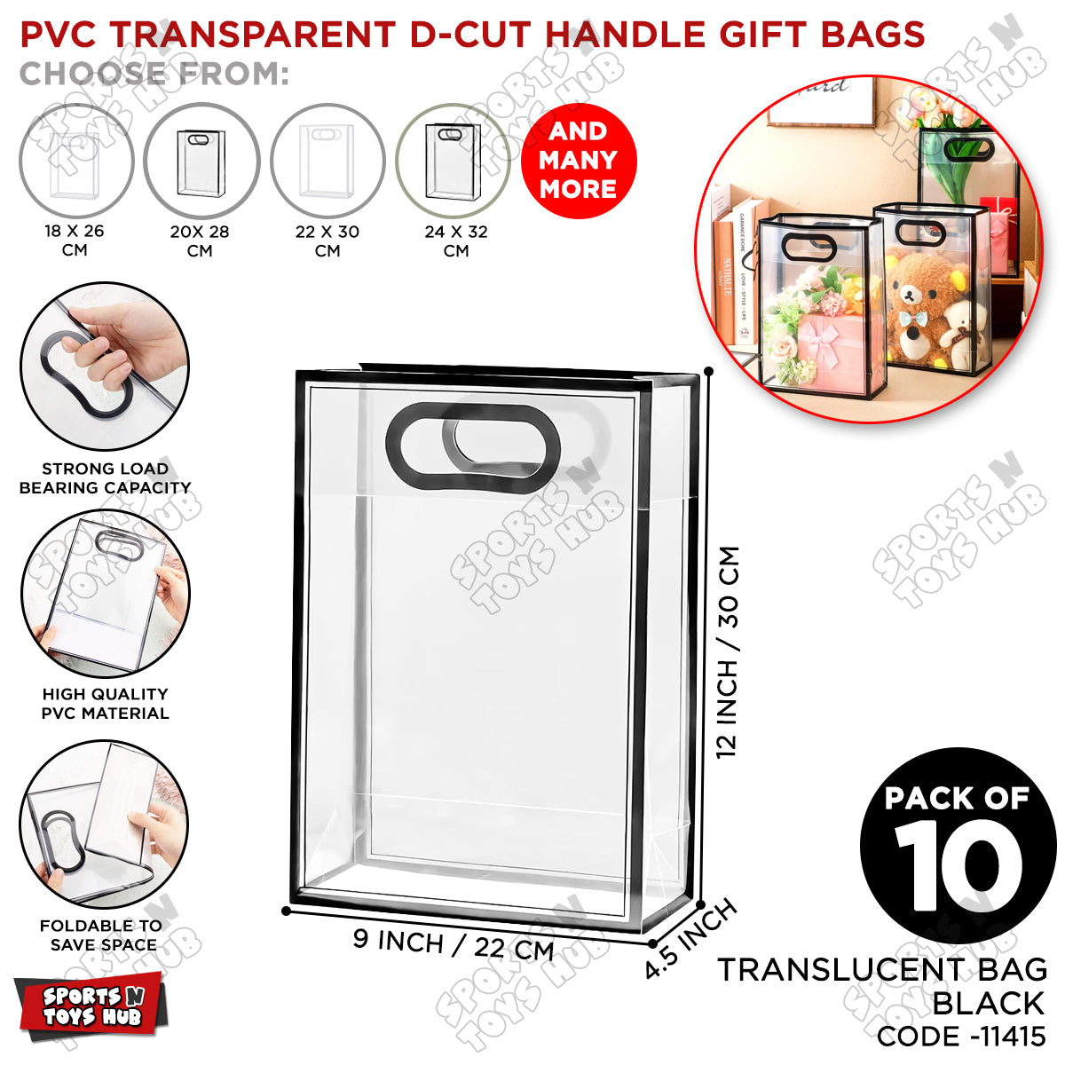 PVC Transparent D-Cut Handle Gift Bags – Multipurpose Clear Colored Edge Bags - Pack of 10