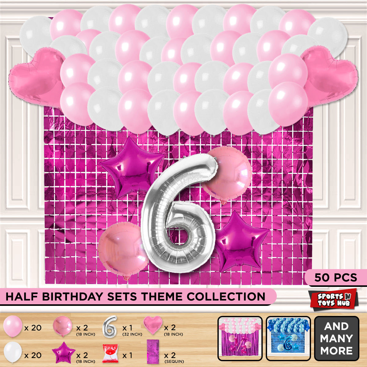 Half Birthday Foil Balloon Theme With Rectangle Curtain - Pink