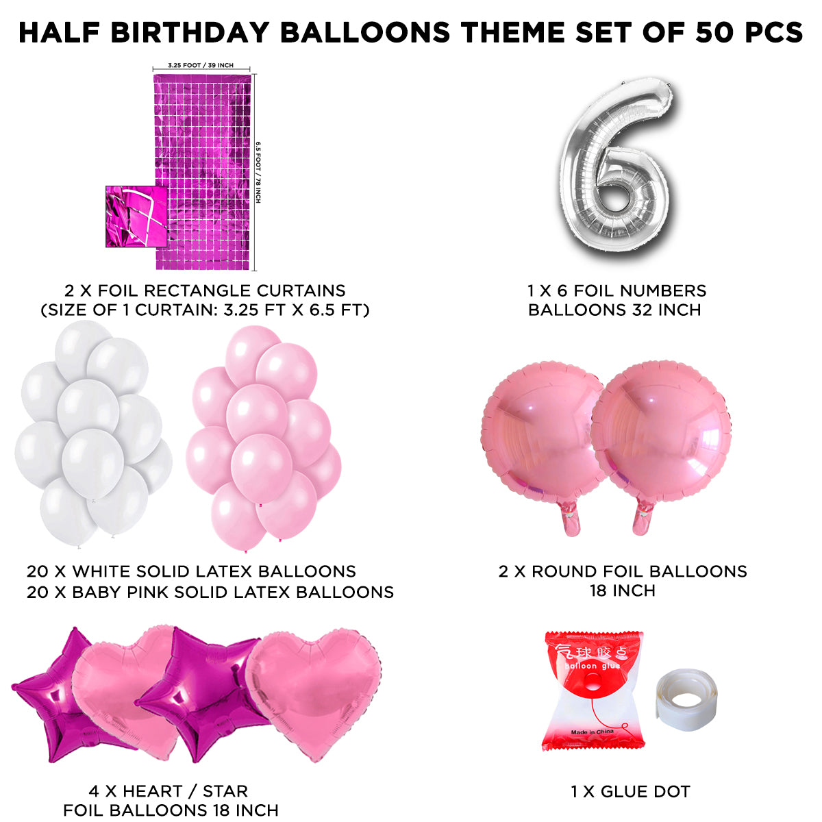 Half Birthday Foil Balloon Theme With Rectangle Curtain - Pink