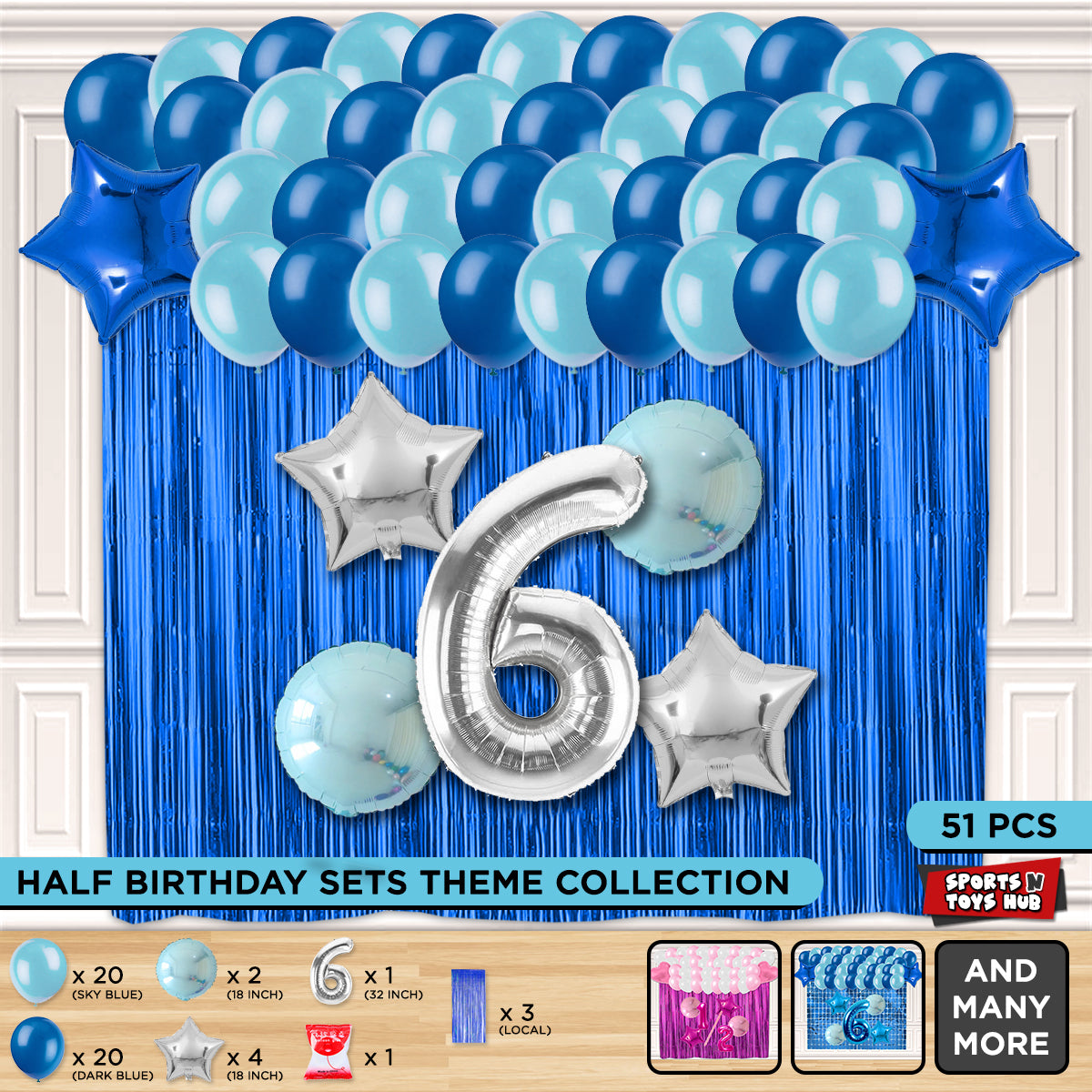 Half Birthday Foil Balloon Theme With Curtain - Blue