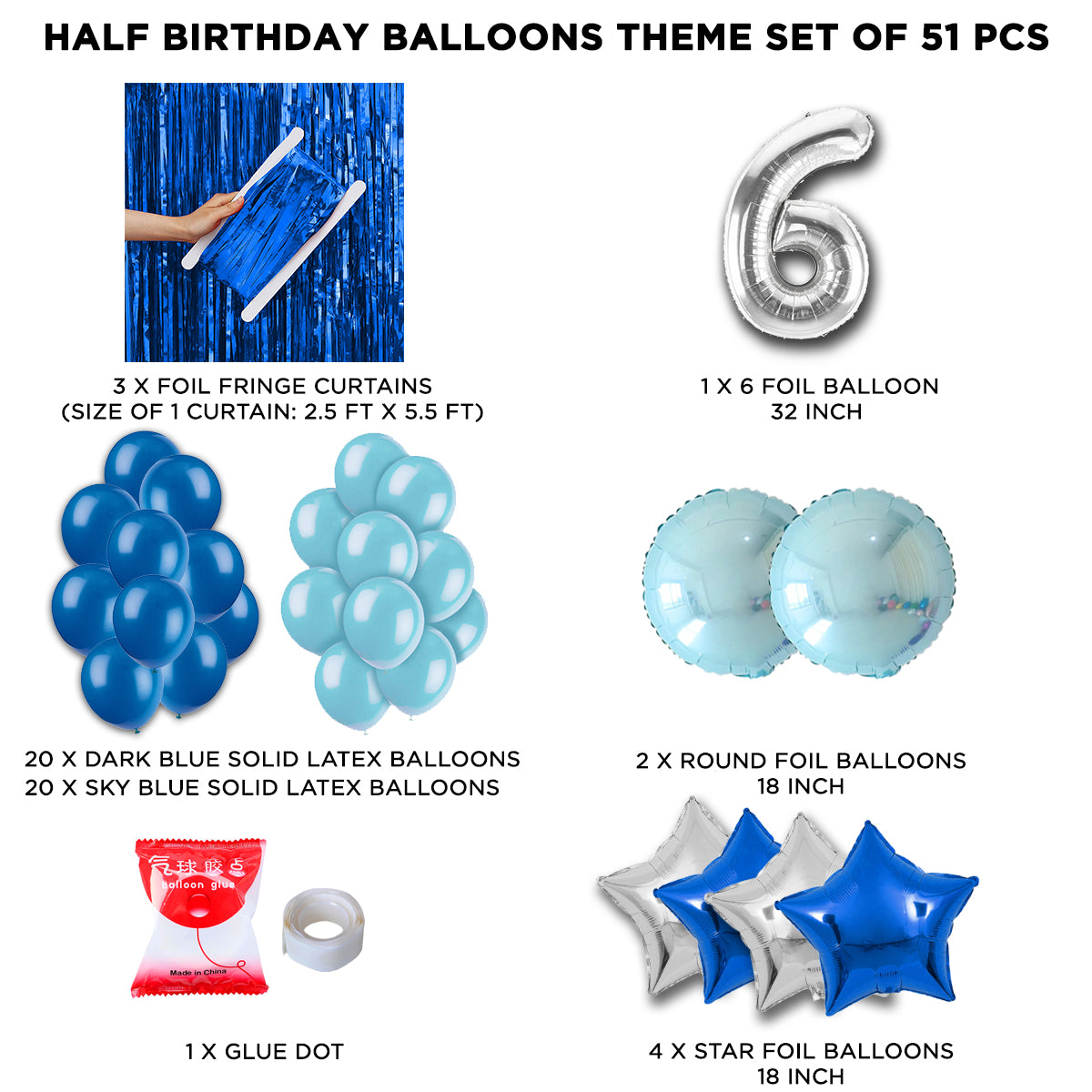 Half Birthday Foil Balloon Theme With Curtain - Blue