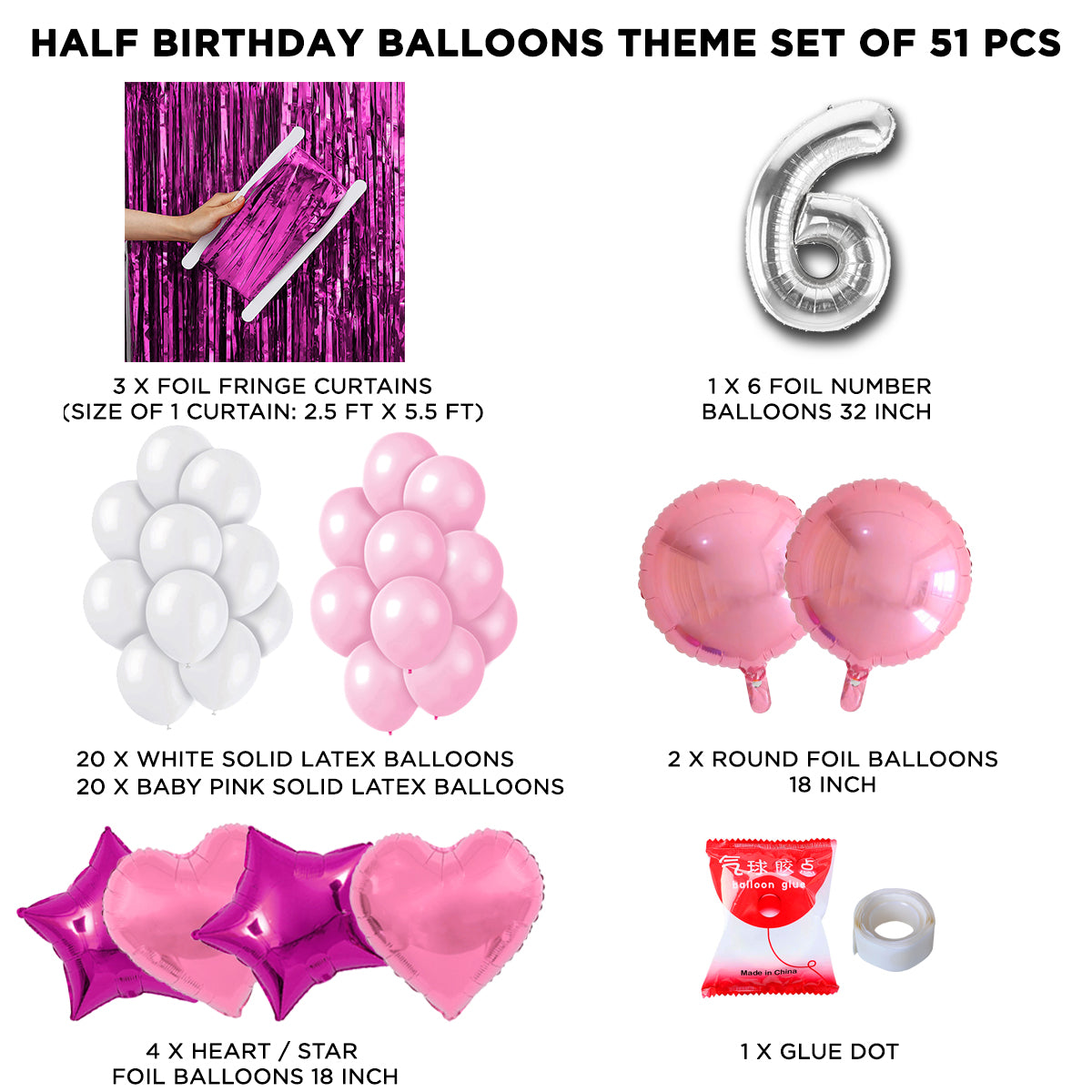Half Birthday Foil Balloon Theme With Curtain - Pink