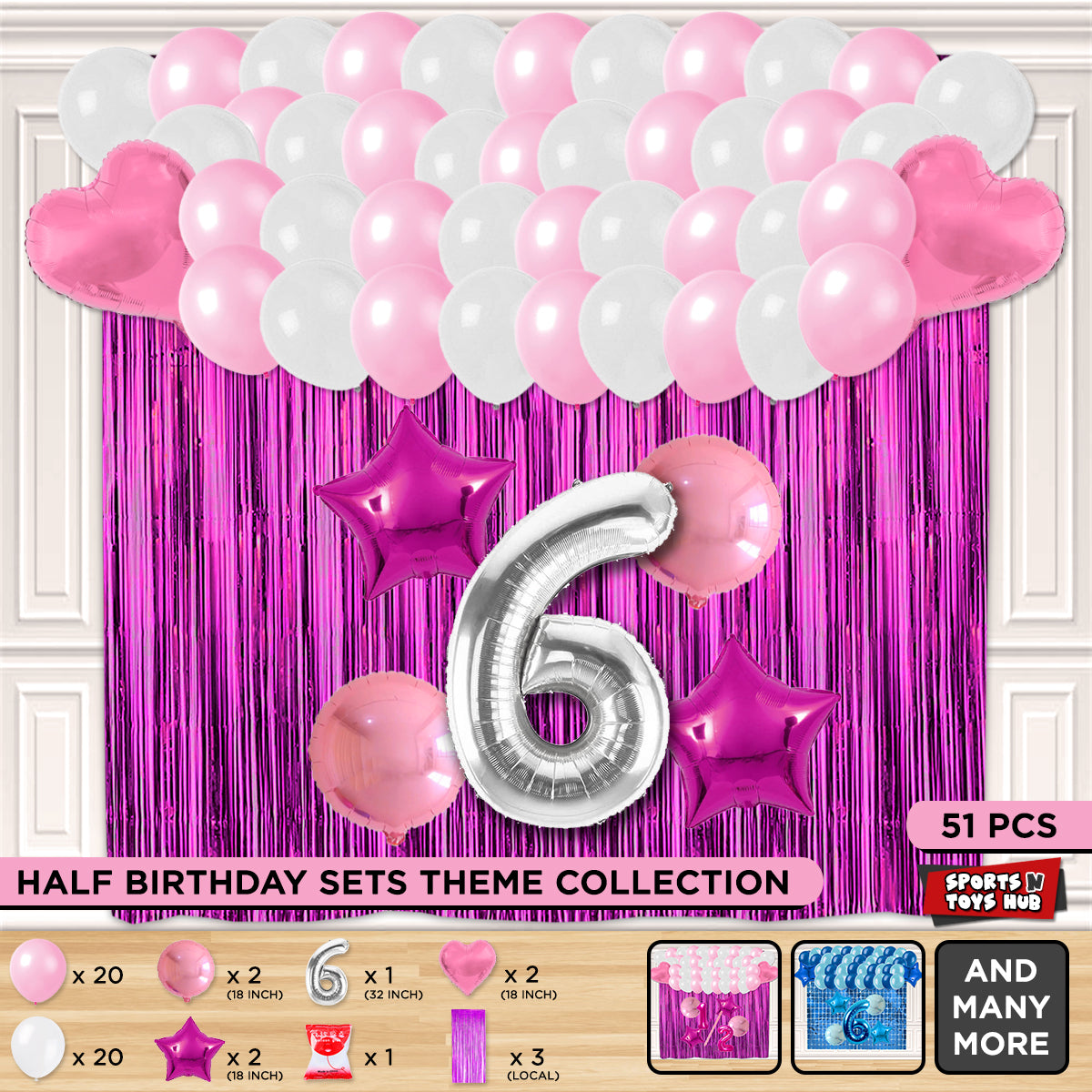 Half Birthday Foil Balloon Theme With Curtain - Pink