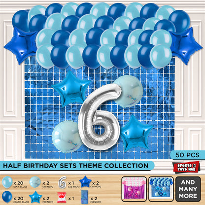 Half Birthday Foil Balloon Theme With Rectangle Curtain - Blue