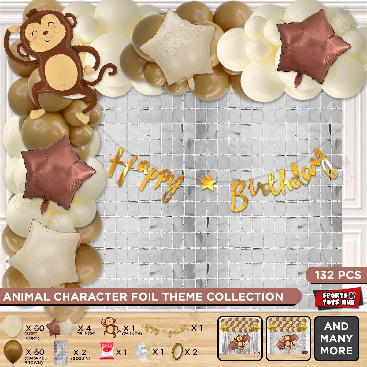 Jungle Safari Monkey Foil Balloon Set With Happy Birthday Cursive Card Banner Arch Theme