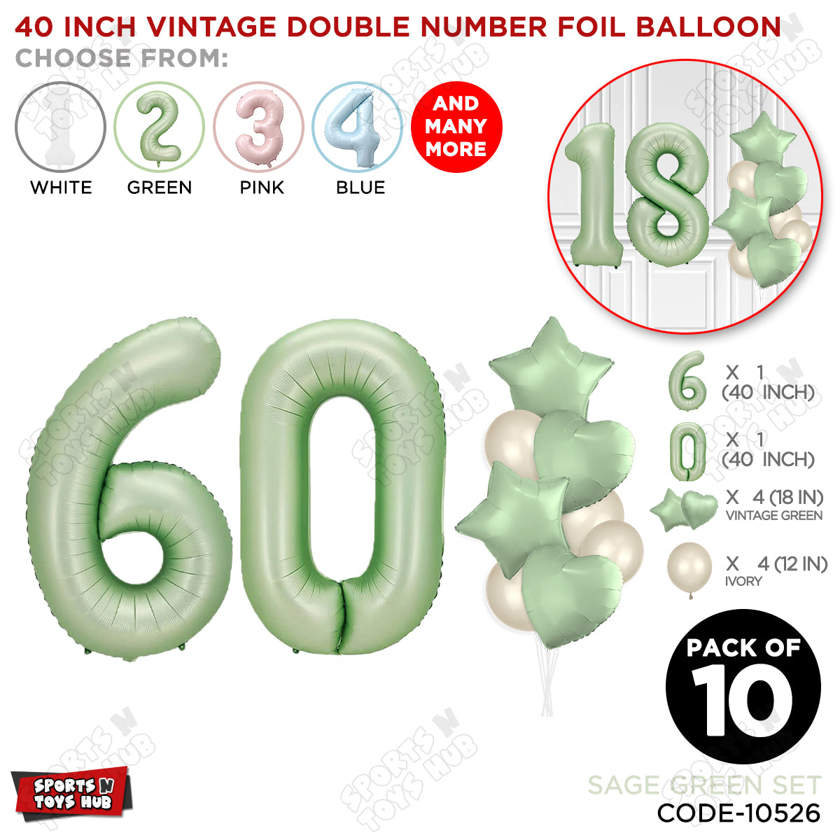 Sage Green Color 40 Inch Number Foil Balloon Set