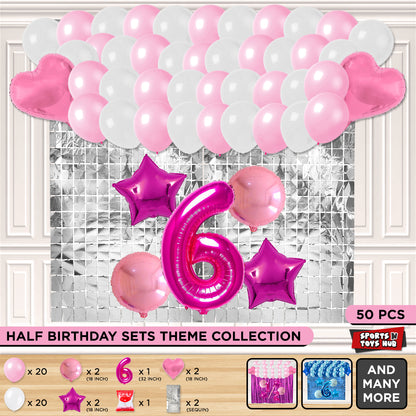 Half Birthday Foil Balloon Theme With Rectangle Curtain - Pink