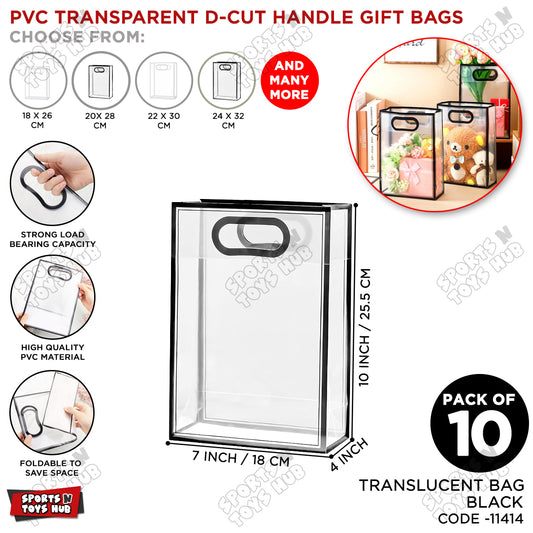 PVC Transparent D-Cut Handle Gift Bags – Multipurpose Clear Colored Edge Bags - Pack of 10