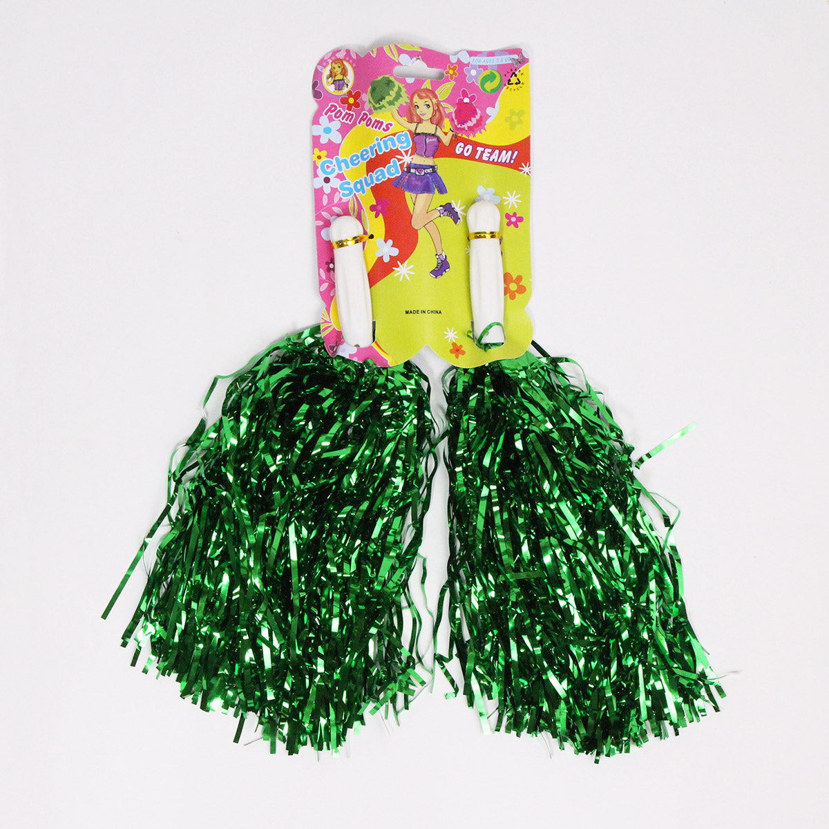 Cheerleader's Tinsel Foil Pompoms with Plastic Grip Handles