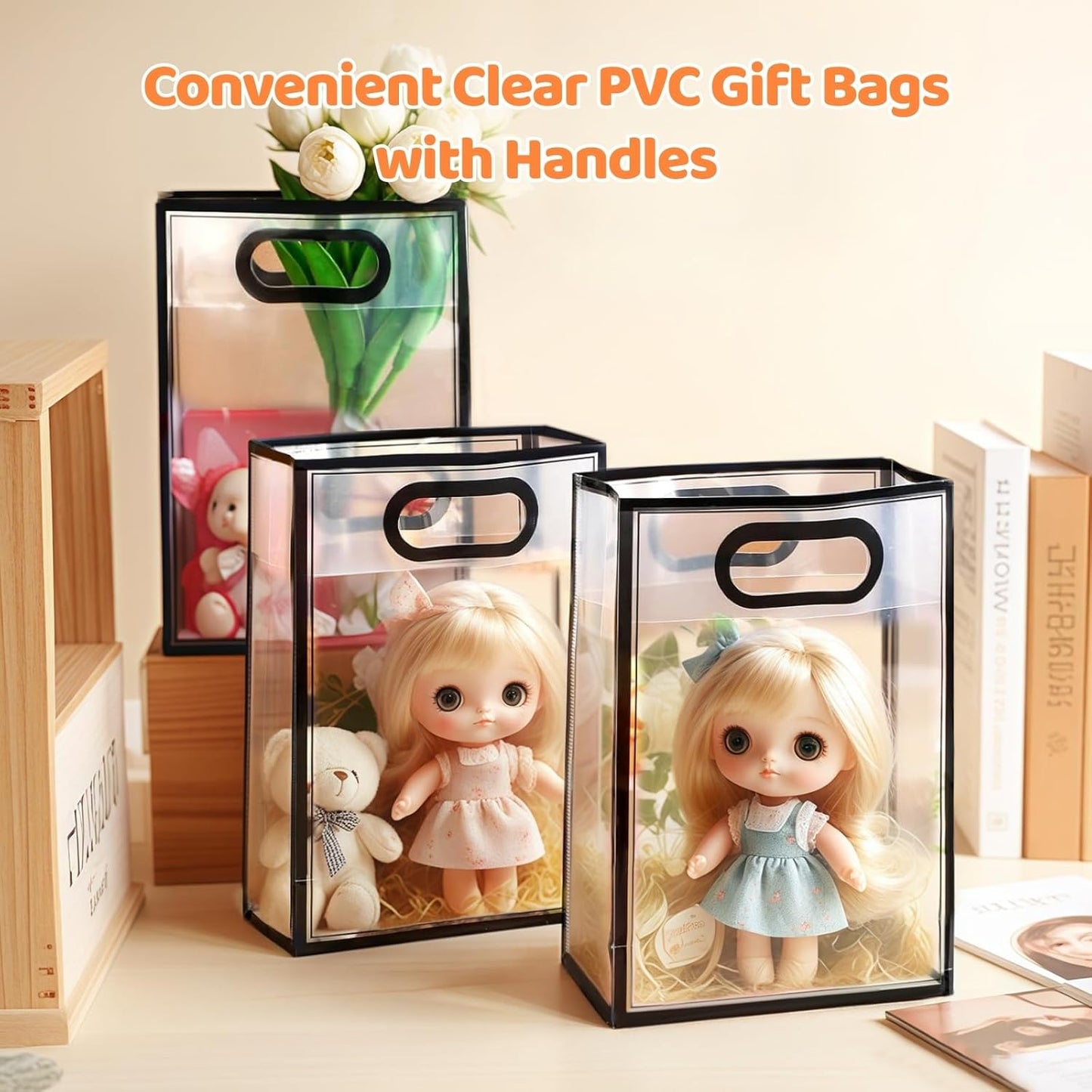 PVC Transparent D-Cut Handle Gift Bags – Multipurpose Clear Colored Edge Bags - Pack of 10