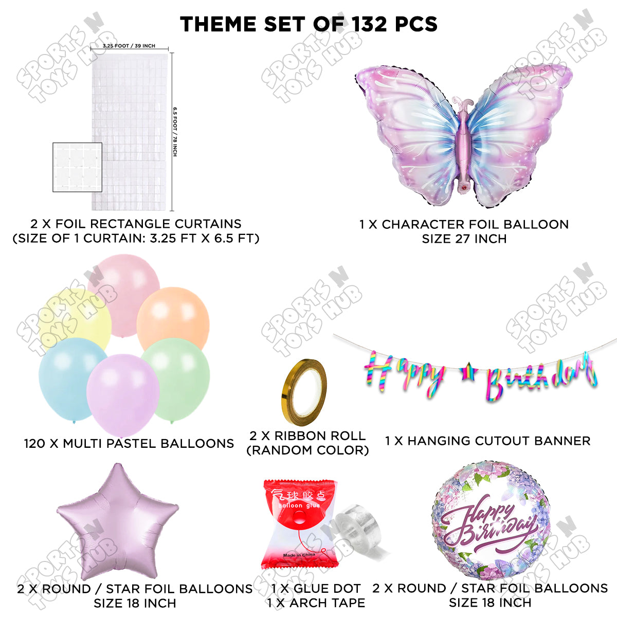 Butterfly Foil Balloon Set With Happy Birthday Cursive Banner Arch Theme - Pack Of 132