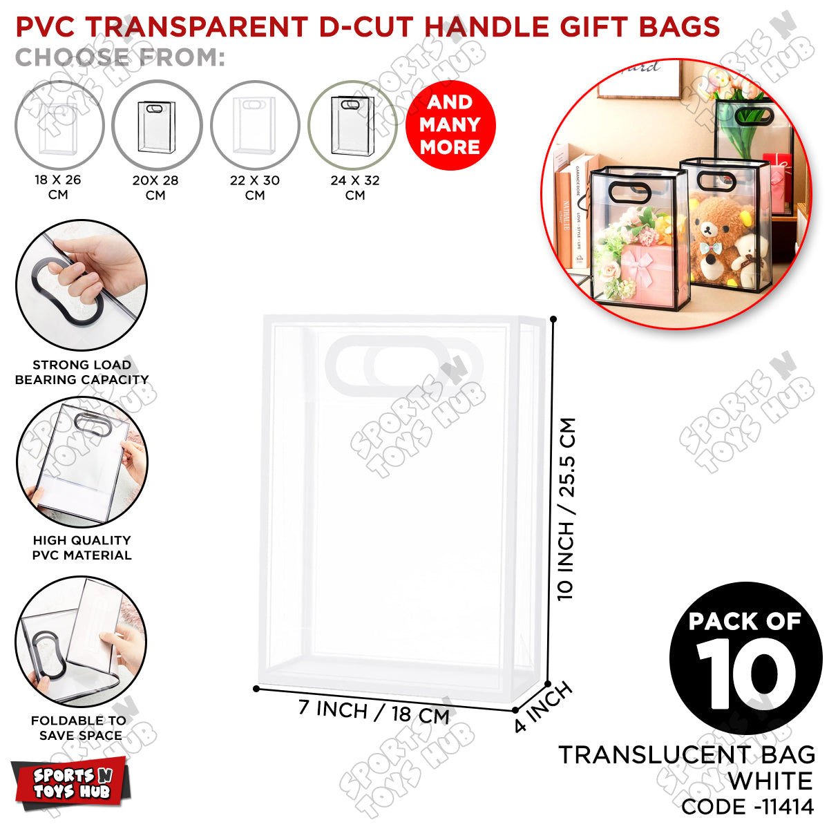 PVC Transparent D-Cut Handle Gift Bags – Multipurpose Clear Colored Edge Bags - Pack of 10