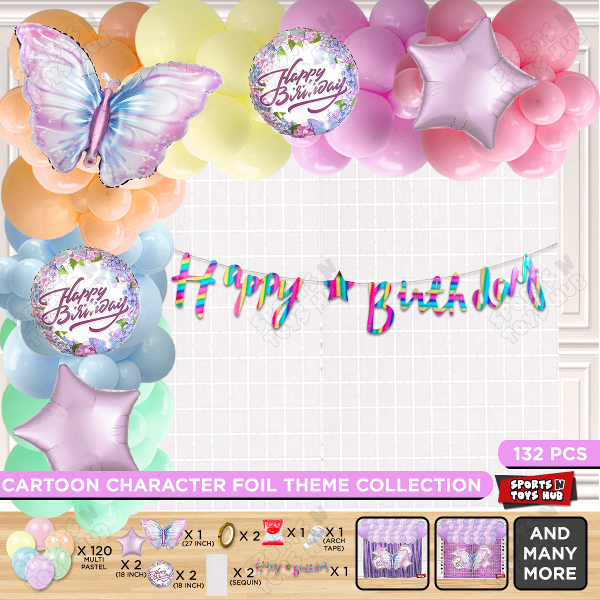 Butterfly Foil Balloon Set With Happy Birthday Cursive Banner Arch Theme - Pack Of 132