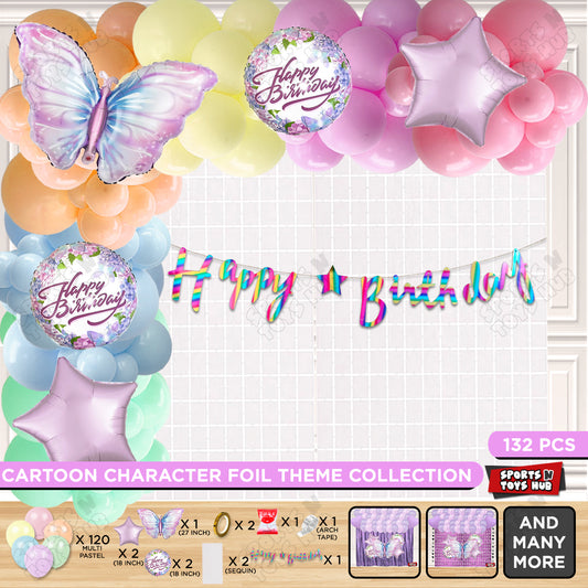 Butterfly Foil Balloon Set With Happy Birthday Cursive Banner Arch Theme - Pack Of 132
