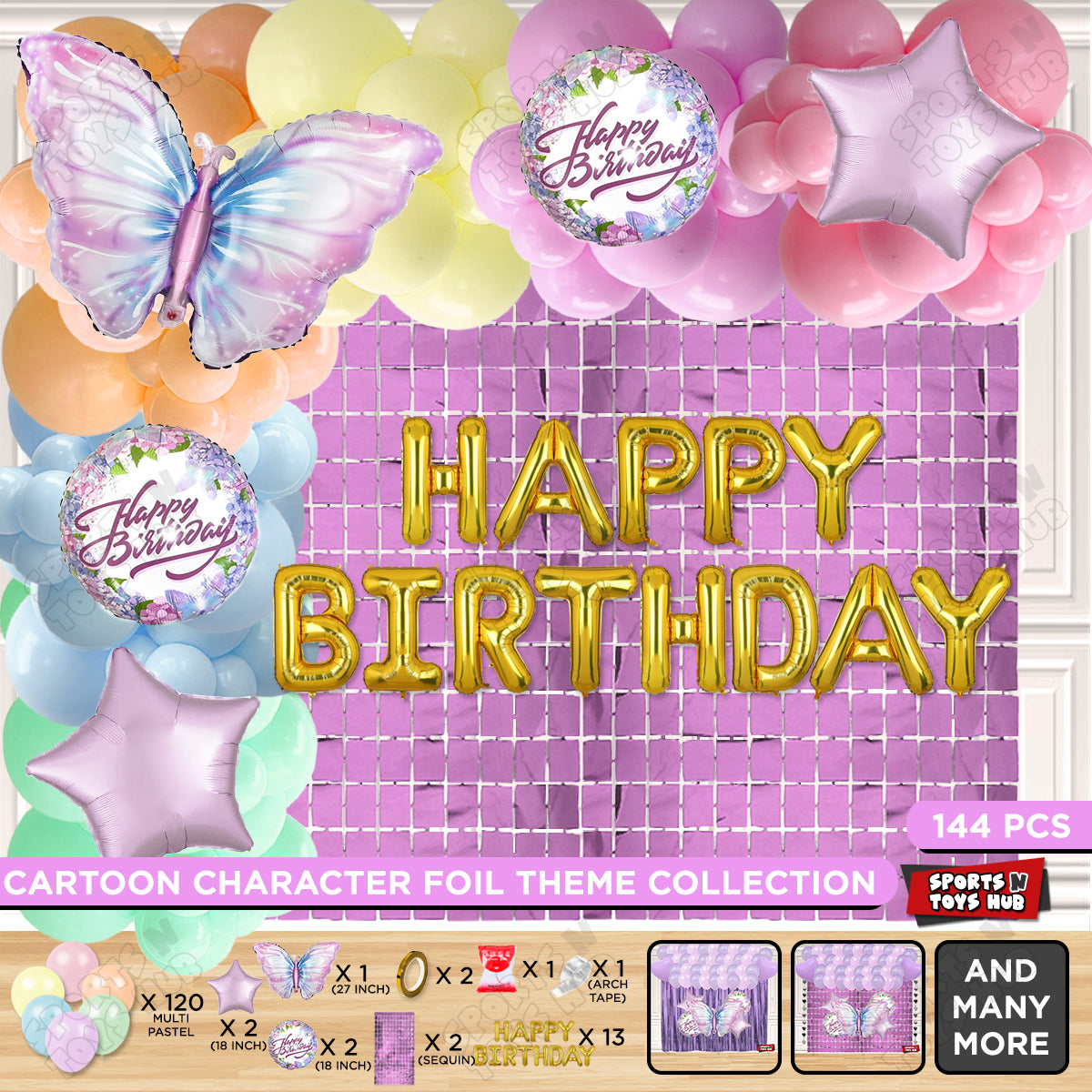 Butterfly Foil Balloon With Happy Birthday Foil Letter Arch Theme - Pack Of 144