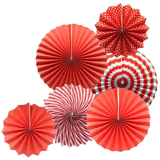 Red Paper Fan Decoration Set - Pack Of 6