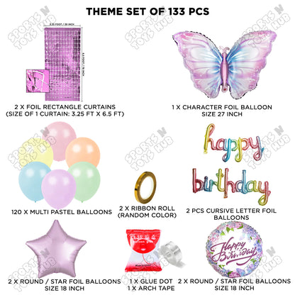 Butterfly Foil Balloon Set With Happy Birthday Cursive Letter Arch Theme - Pack Of 133