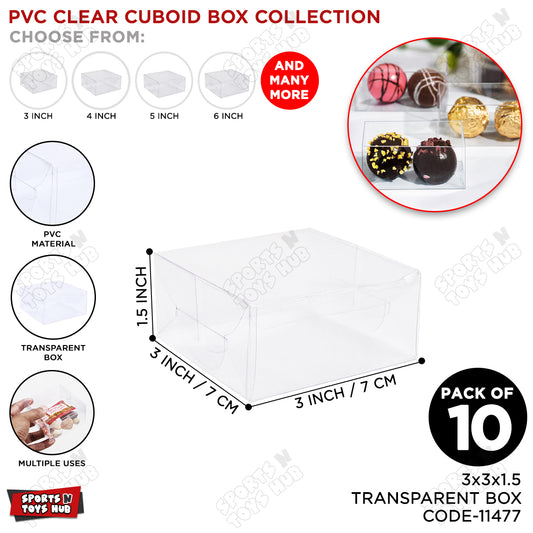 3x3x1.5 Inch Transparent PVC Plastic Sheet Cuboid Box - Pack Of 10