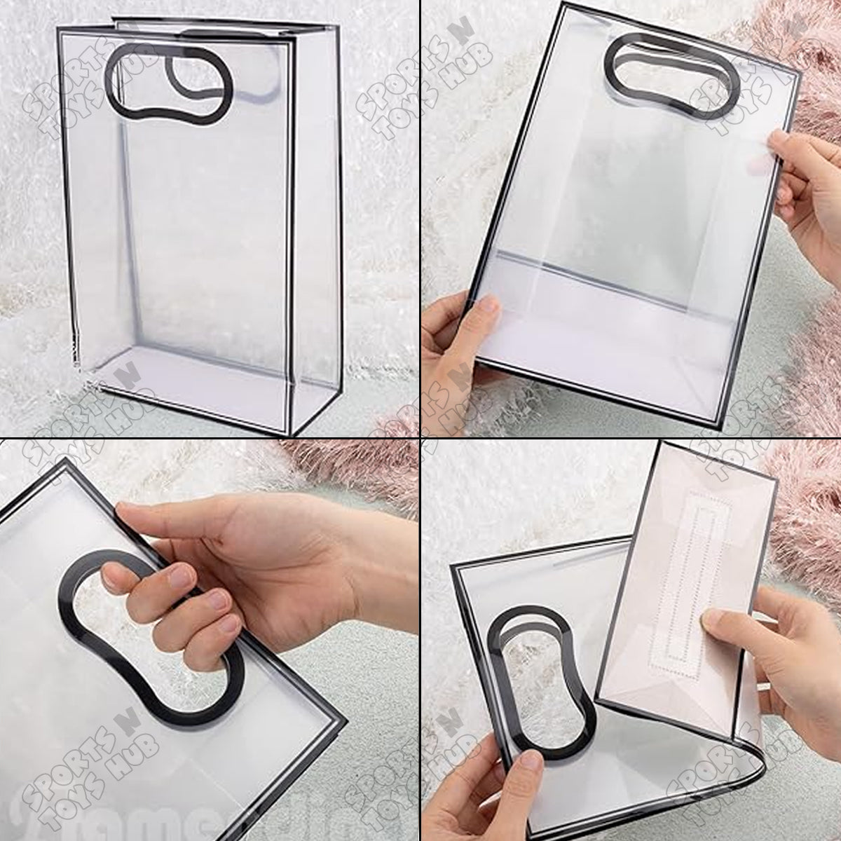 33 × 28 × 12 CM / 03 PP Frosted D-Cut Handle Gift Bags – Translucent Clear Shopping & Packaging Bags, Reusable Gift Bags for Retail, Boutique, Flower Bouquets, Party Favors & Gift Wrapping