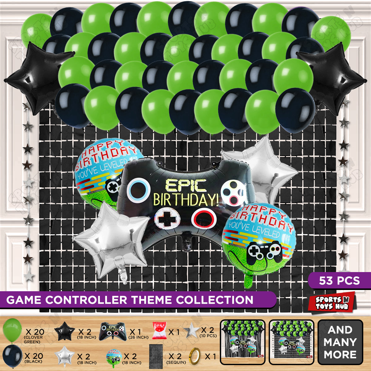 Game Controller Foil Balloon Rectangle Curtain Theme - Green & Black