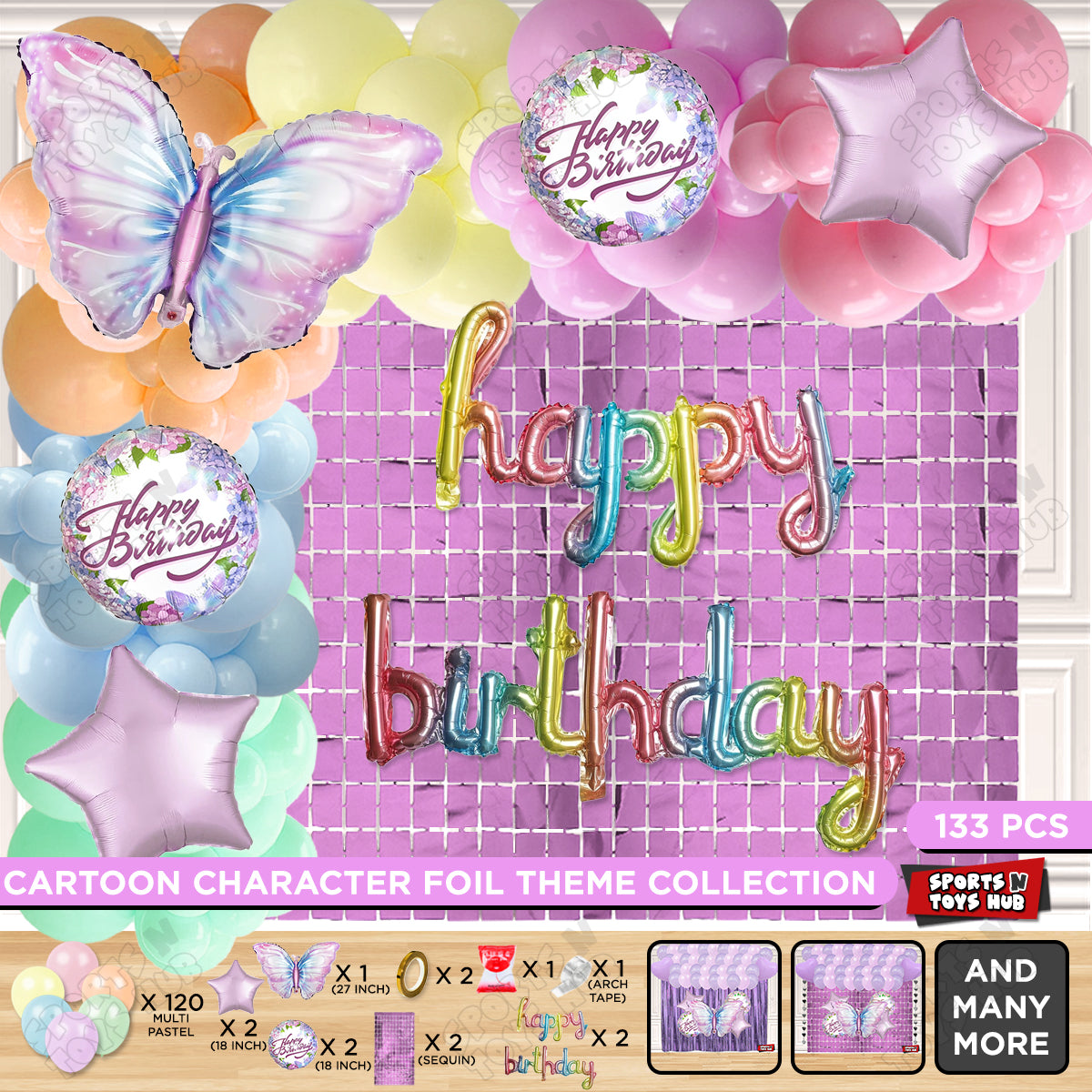 Butterfly Foil Balloon Set With Happy Birthday Cursive Letter Arch Theme - Pack Of 133