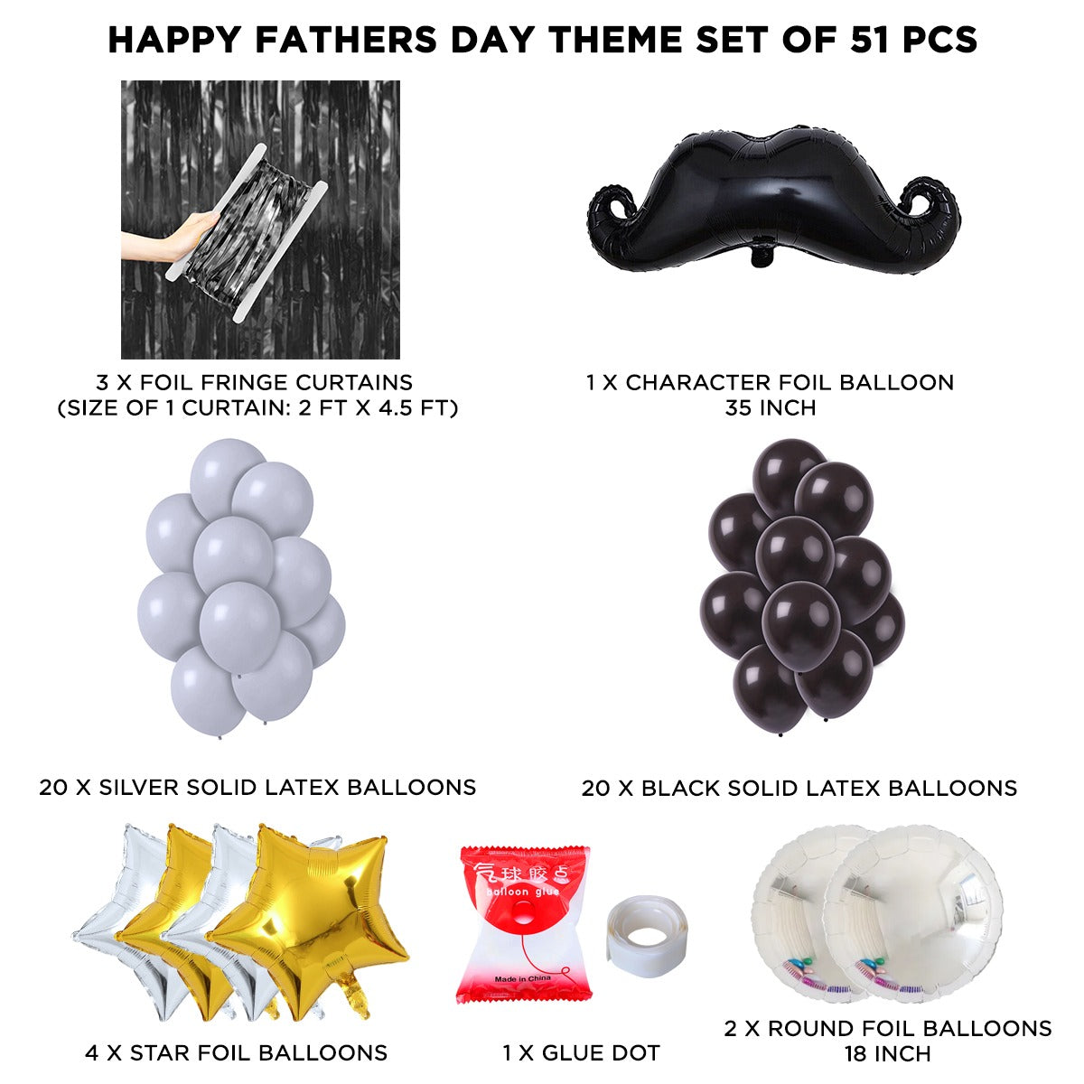 Moustache Foil Balloon Set Curtain Theme -  Pack Of 51