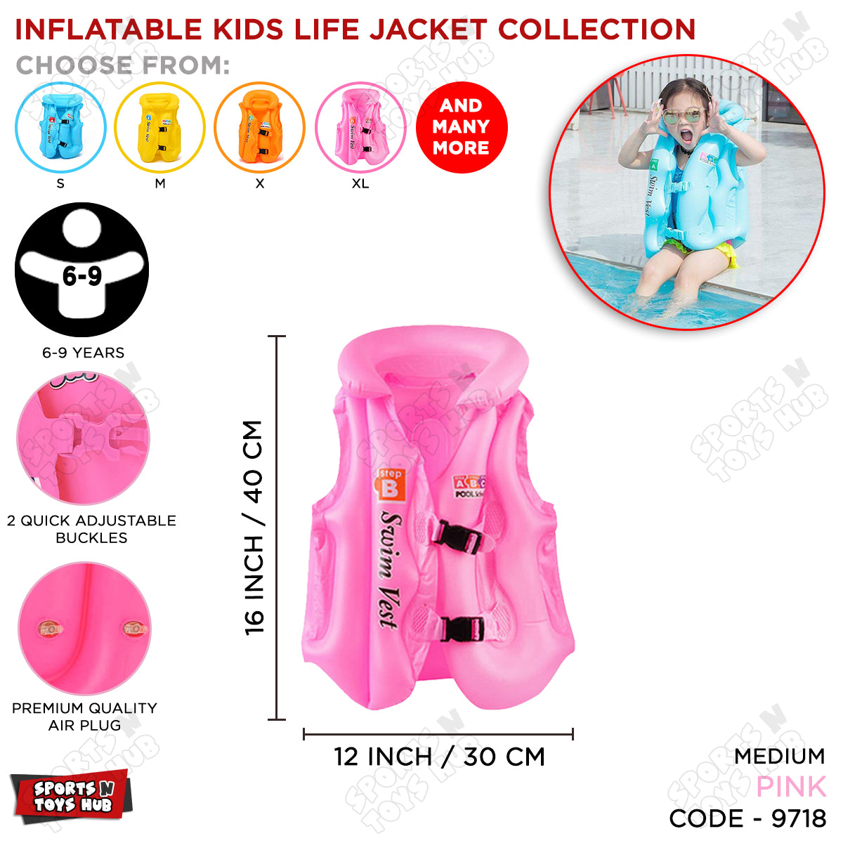 Inflatable Life Jacket for Kids - Medium Size / 6 to 9 Years