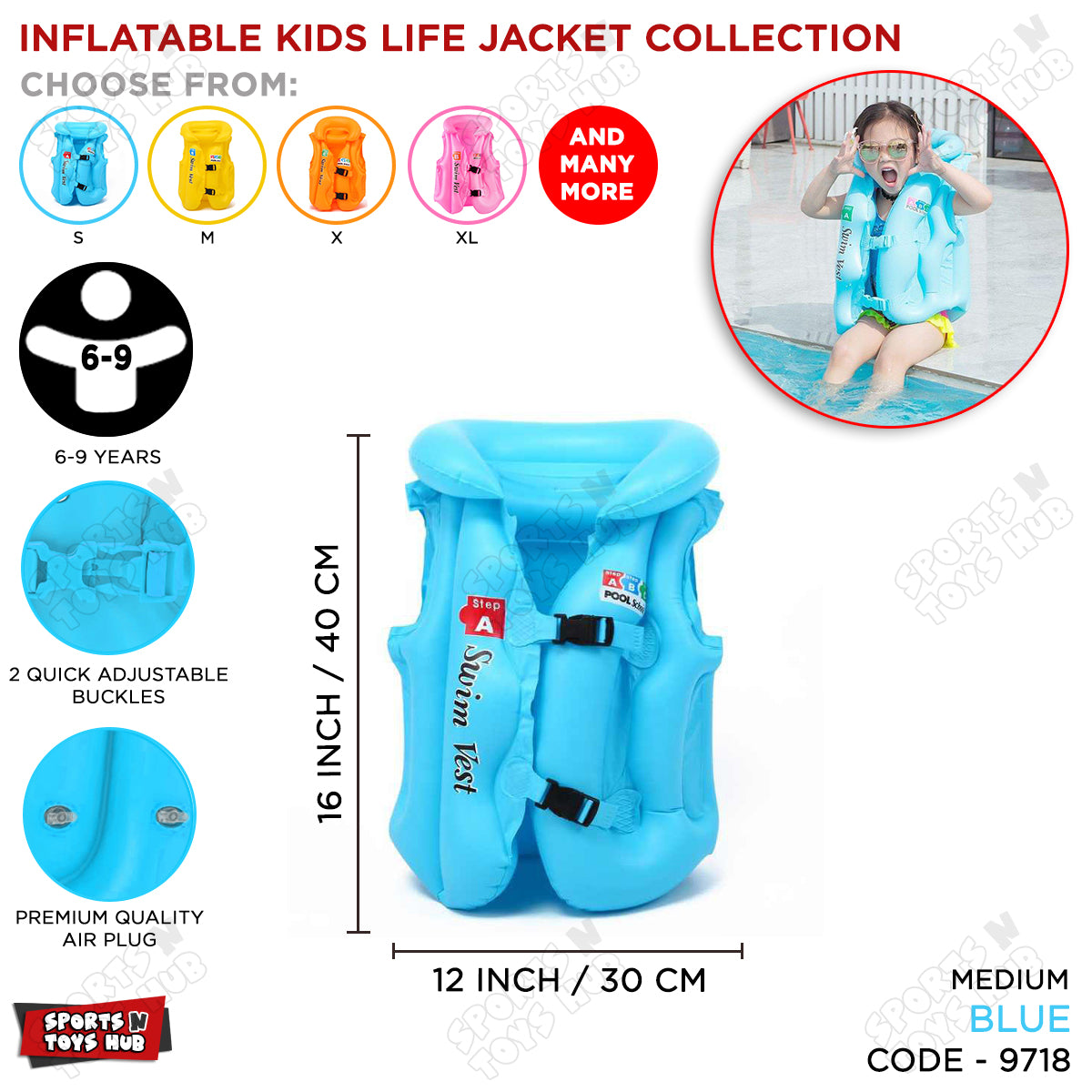 Inflatable Life Jacket for Kids - Medium Size / 6 to 9 Years