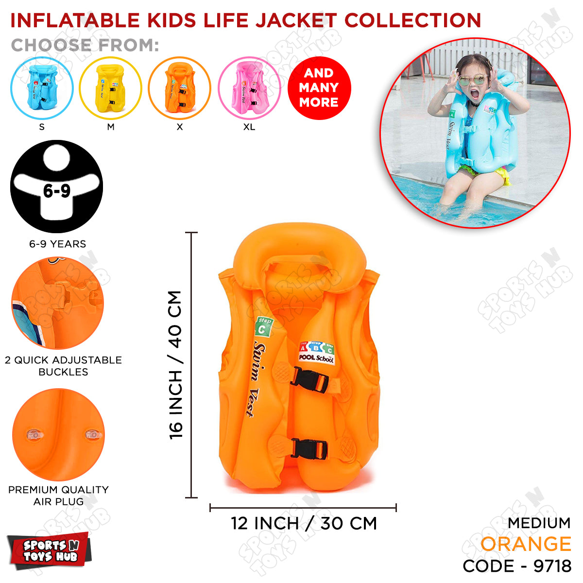 Inflatable Life Jacket for Kids - Medium Size / 6 to 9 Years