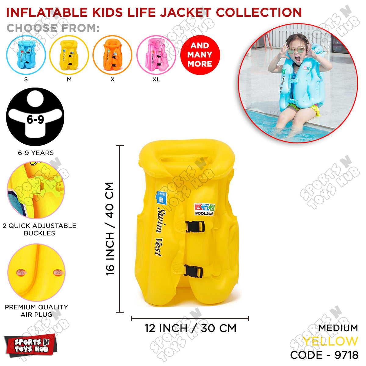Inflatable Life Jacket for Kids - Medium Size / 6 to 9 Years