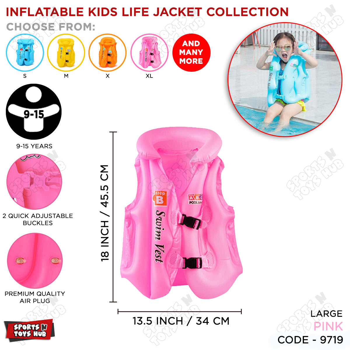 Inflatable Life Jacket for Young Kids - Large Size / 9-15 Years