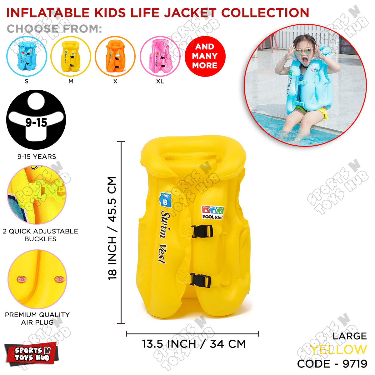 Inflatable Life Jacket for Young Kids - Large Size / 9-15 Years