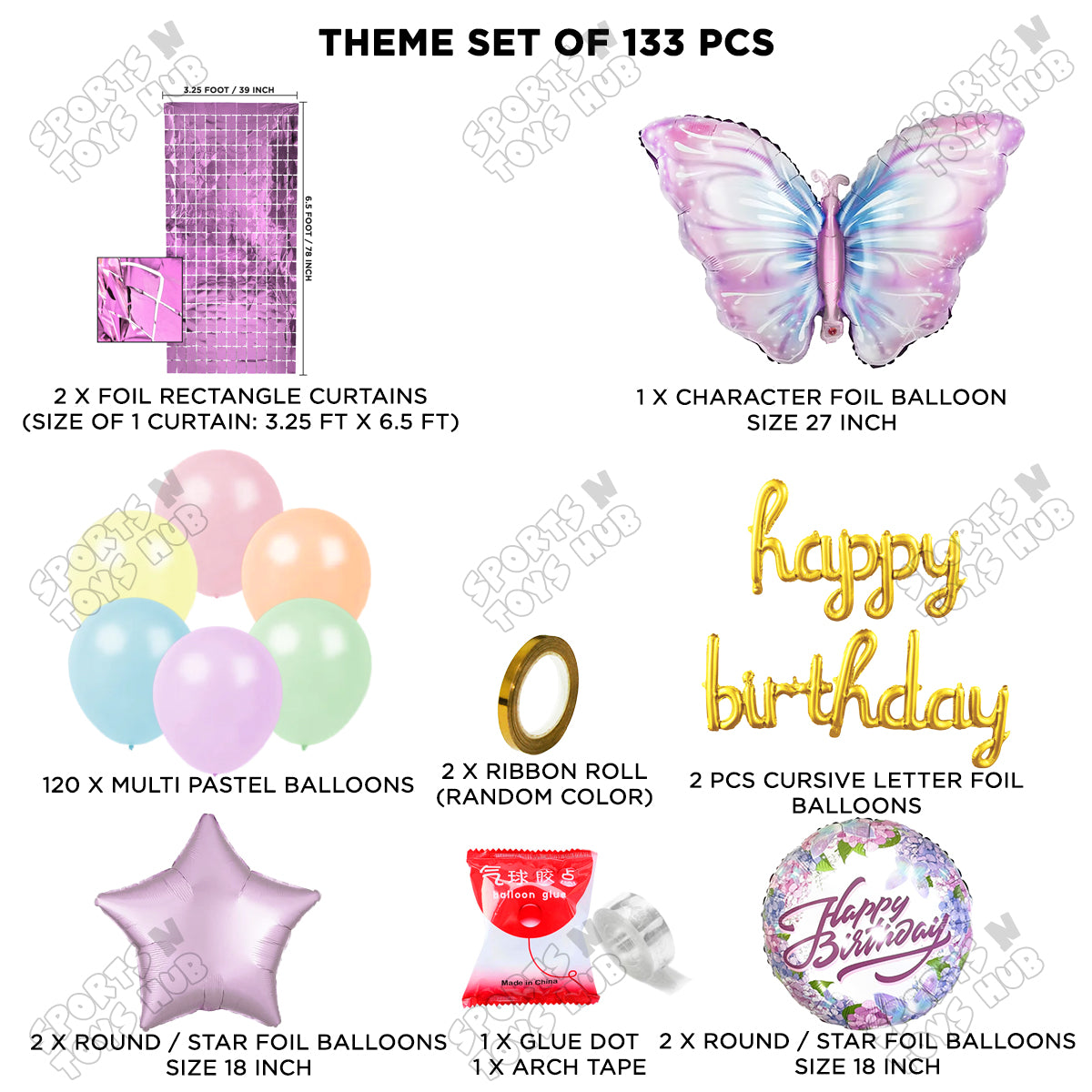 Butterfly Foil Balloon Set With Happy Birthday Cursive Letter Arch Theme - Pack Of 133