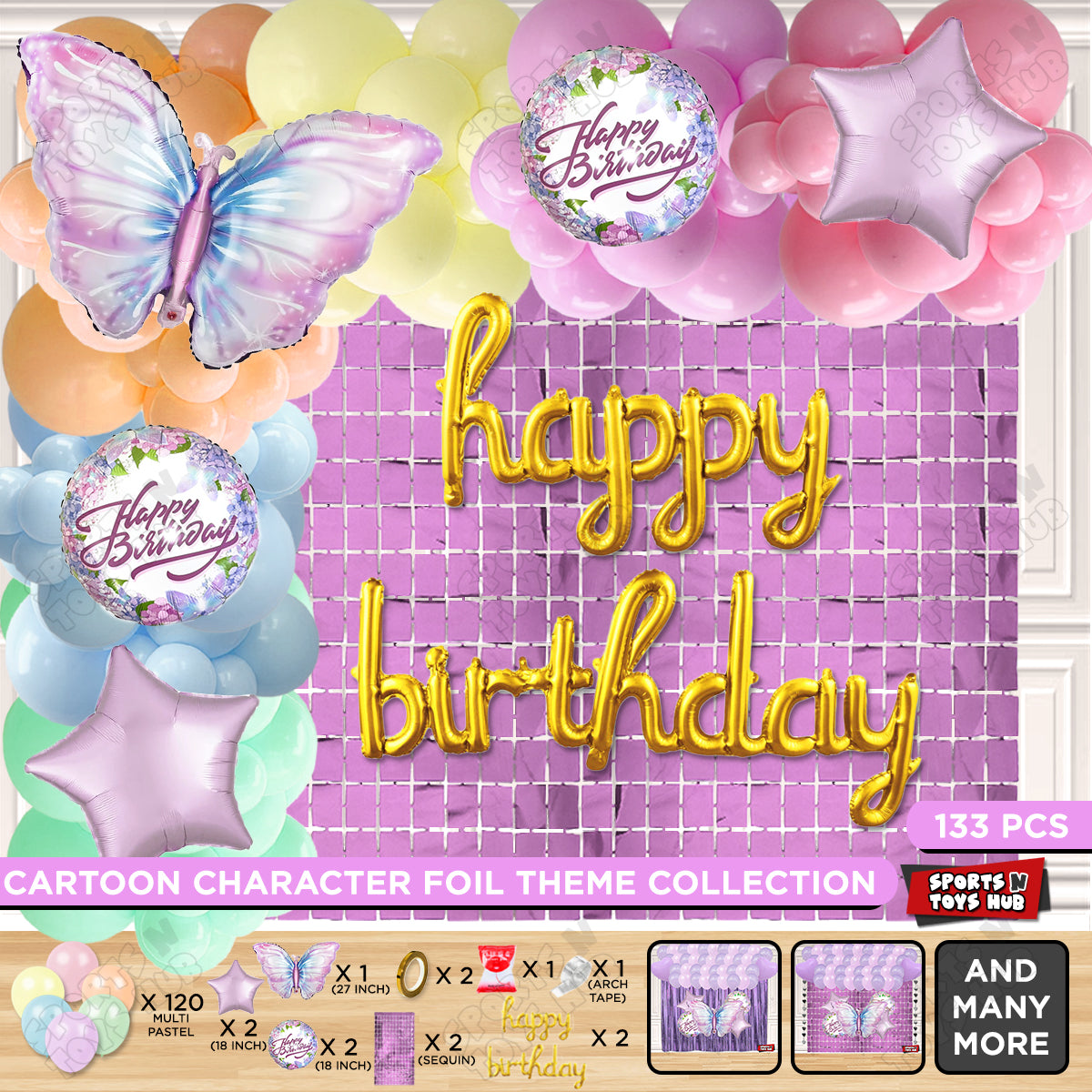 Butterfly Foil Balloon Set With Happy Birthday Cursive Letter Arch Theme - Pack Of 133