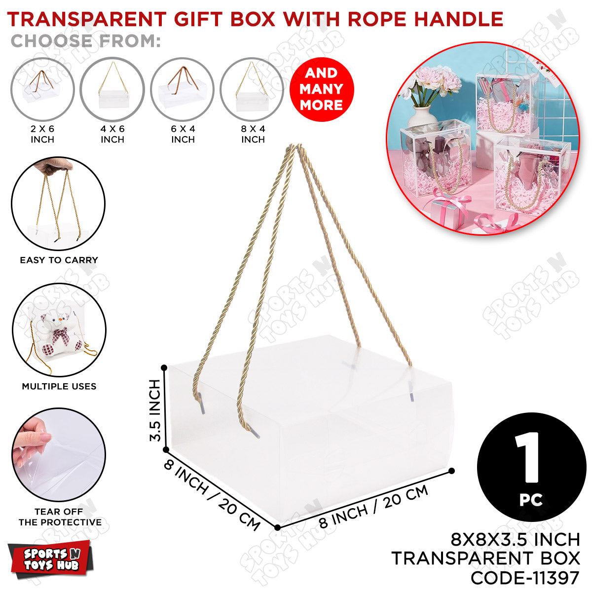 8x8x3.5 Inch Transparent PVC Plastic Sheet Box With Rope Handle - 1 Pc
