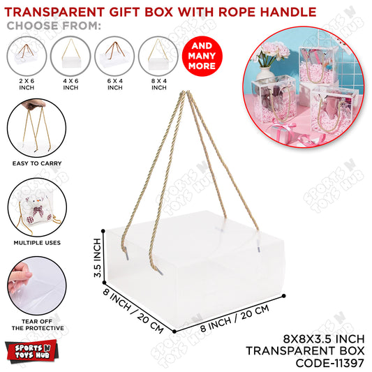 8x8x3.5 Inch Transparent PVC Plastic Sheet Box With Rope Handle - 1 Pc