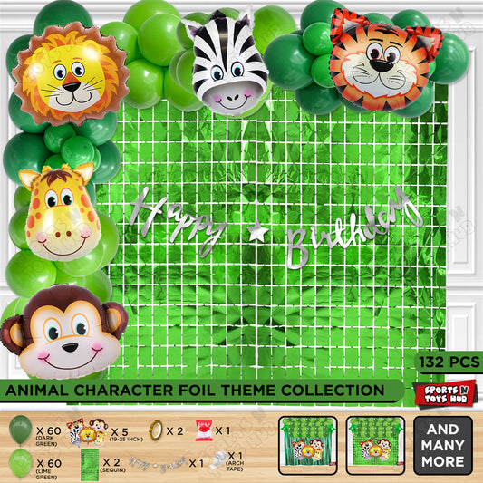 Jungle Safari Animal Character Foil Balloon Set With Happy Birthday Cursive Card banner Theme