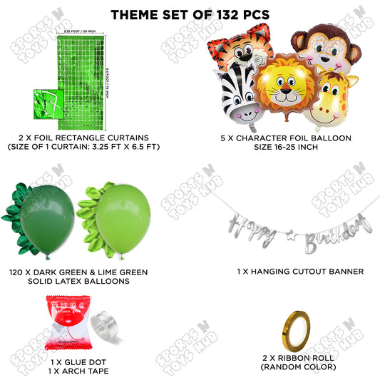 Jungle Safari Animal Character Foil Balloon Set With Happy Birthday Cursive Card banner Theme